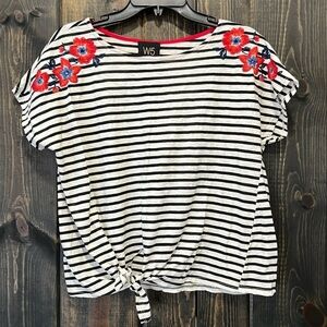 Anthropologie W5 Striped Tie Front Top M Floral Embroidery Casual Boho Oversized